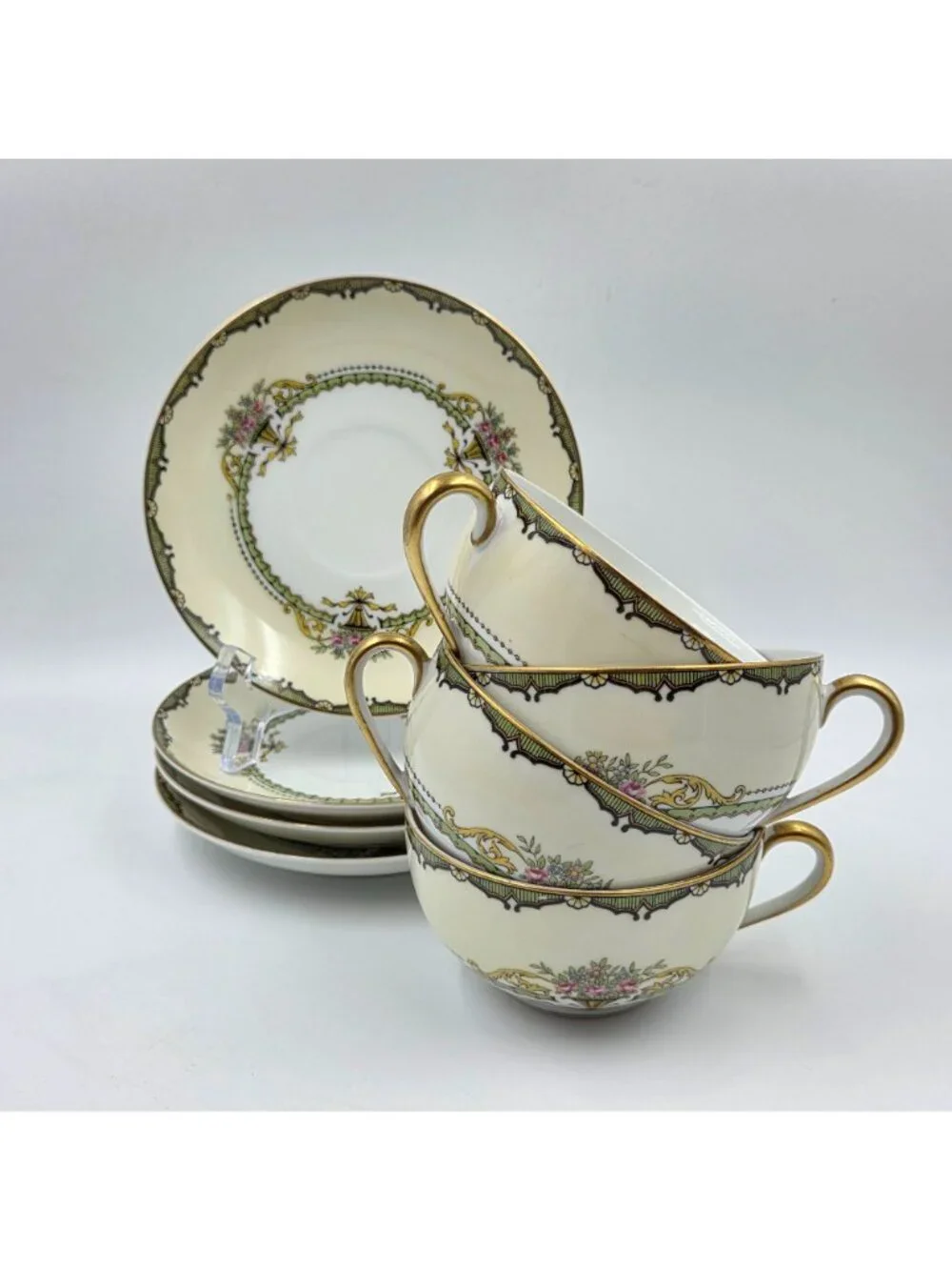 Noritake Penelope Set of 4 Flat Cup & Saucer Set Green Pink Roses Gold Trim